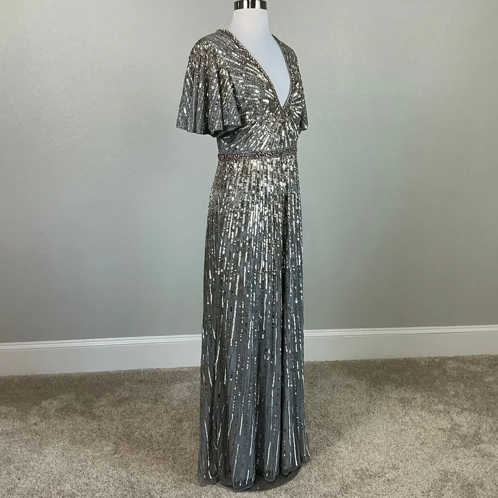Mac Duggal 5538 Sequined Short Sleeve A-Line Evening Gown Silver Size 6 Dress - Picture 3 of 12